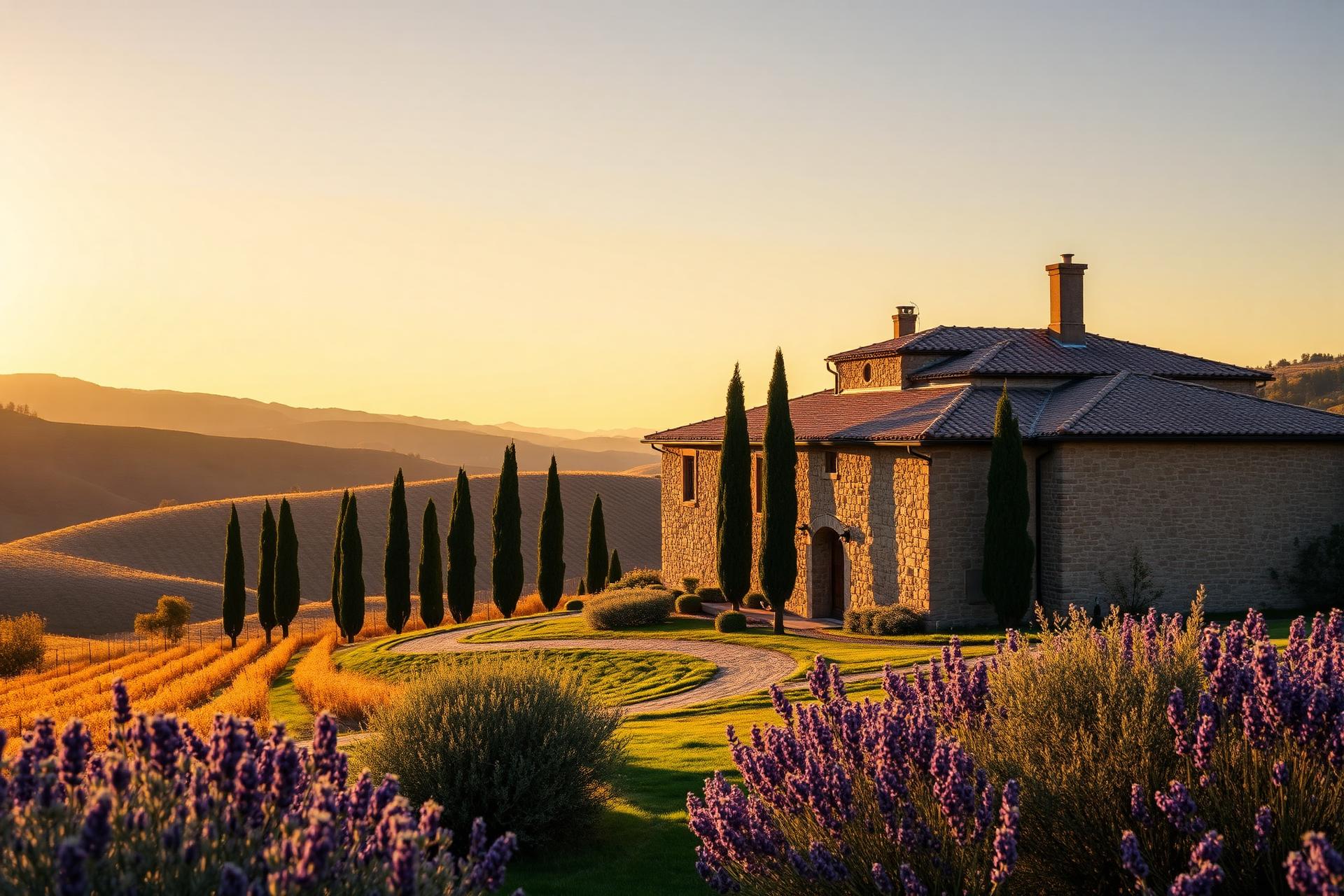 Tuscan stone farmhouse at golden hour above vineyards and lavender