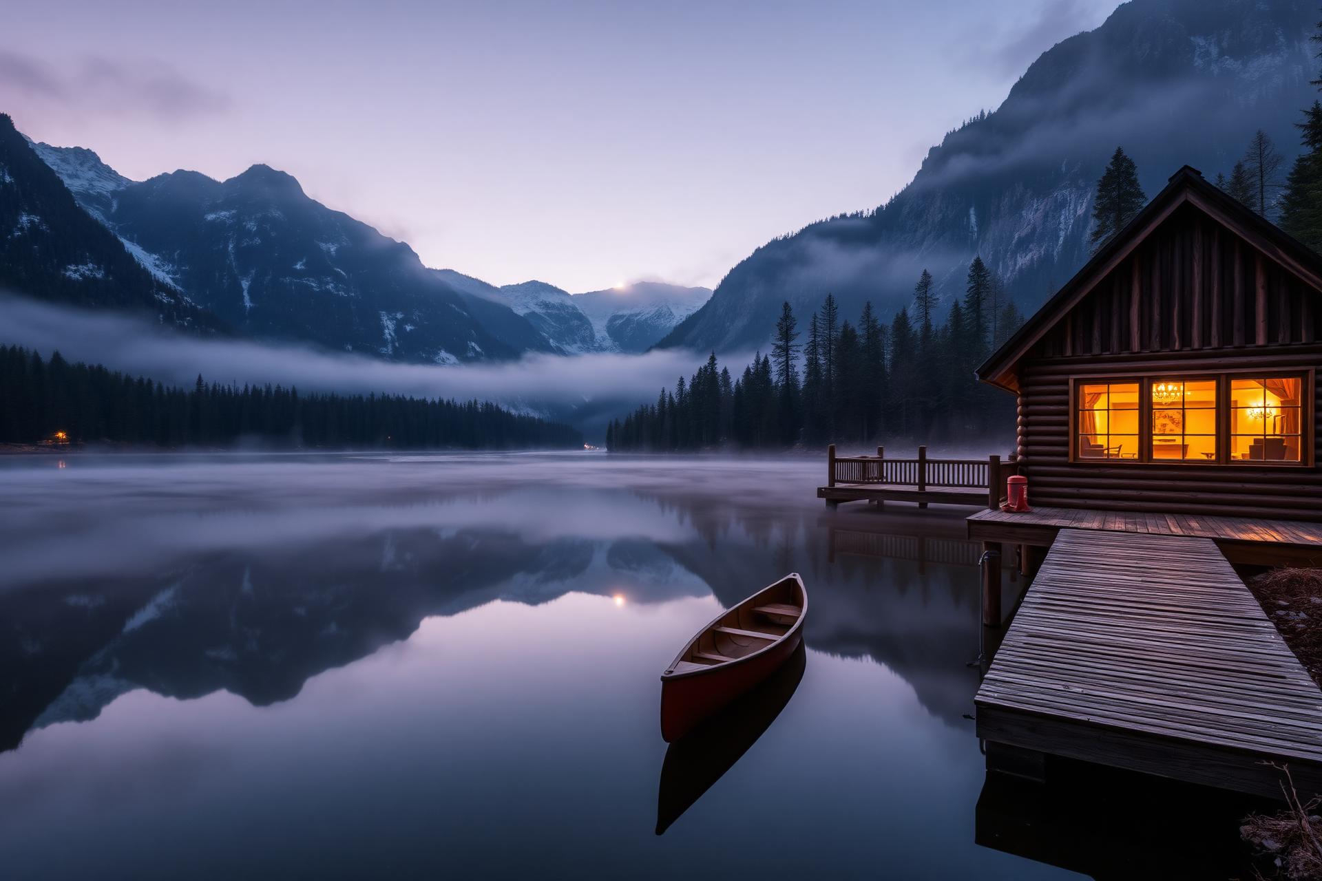Lakeside cabin at sunrise with mist over a mirror-still alpine lake