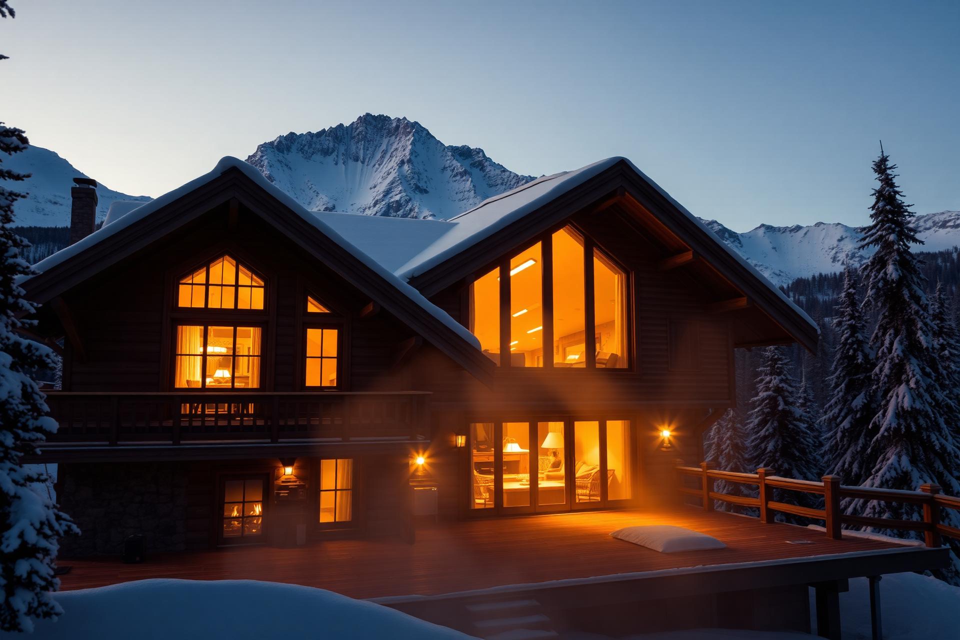 Alpine chalet glowing warmly against snow-covered peaks at twilight